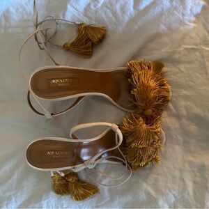 Aquazzura suede beige heels, gold fringe and tassel accents